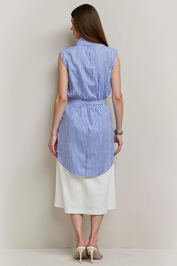 Blue Stripe Sheath Midi Work Dress with Slit